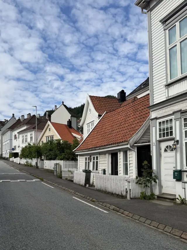 Gate med tradisjonelle norske trehus og røde tak.